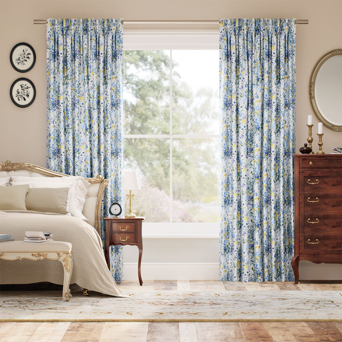 ブーケ・パレード シルク調 ブルー カーテン