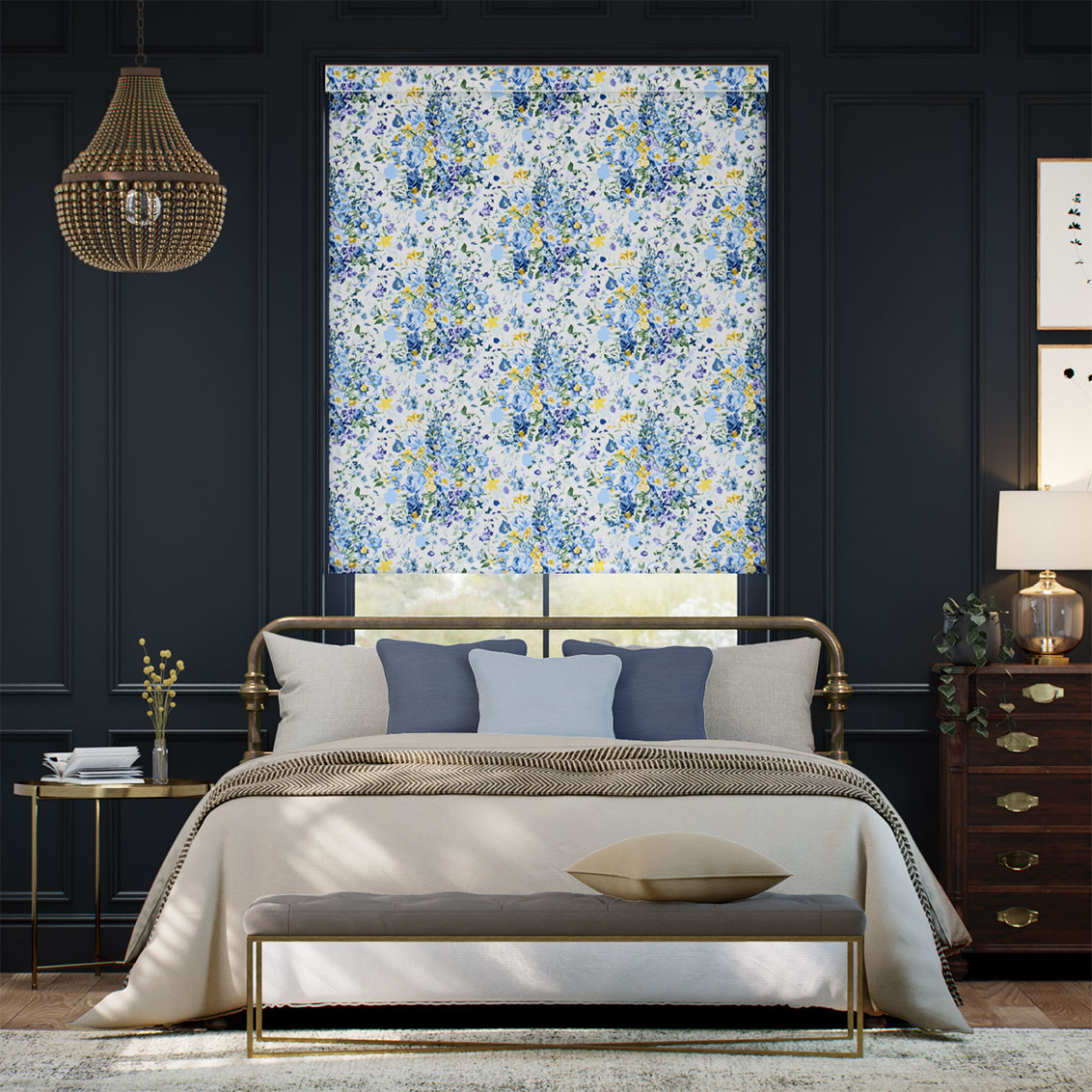 ブーケ・パレード シルク調 ブルー ロールスクリーン