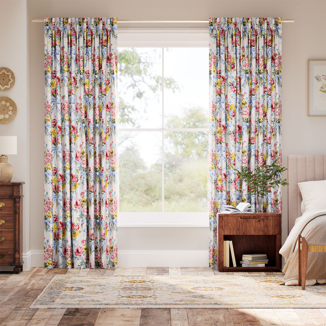 ボウ・ブーケ シルク調 クリーム カーテン