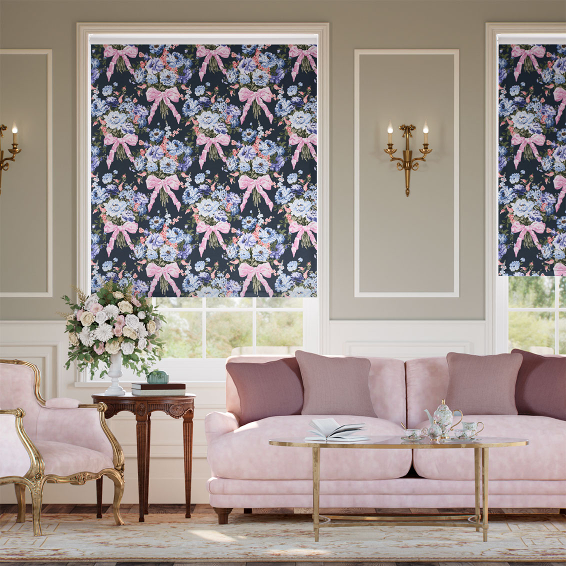 ボウ・ブーケ シルク調 ネイビー ロールスクリーン