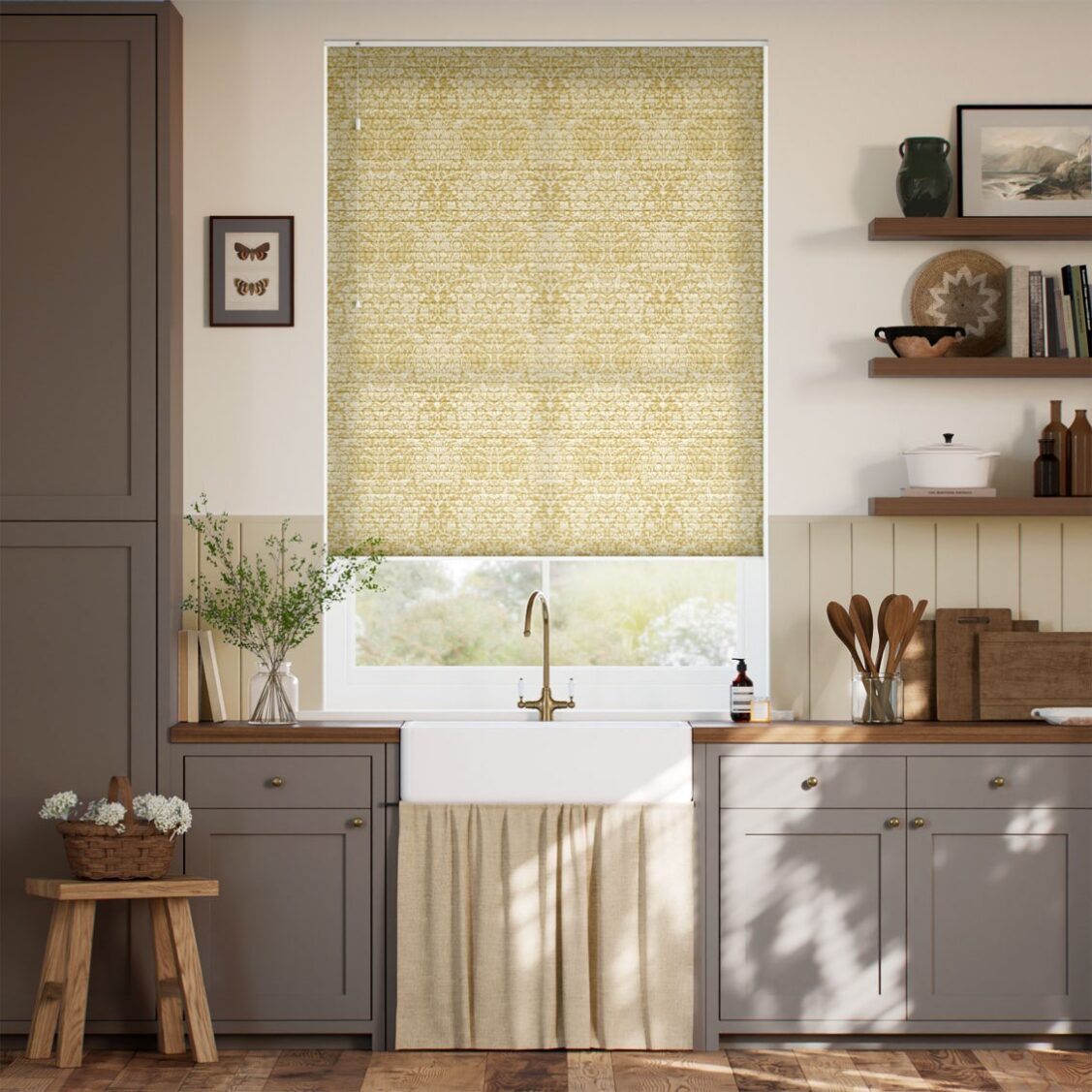 【つっぱり式】 採光ハニカム ウィリアムモリス ブラックソーン サフラン シェード