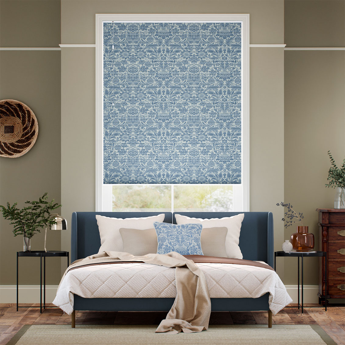 【つっぱり式】 遮光ハニカム ウィリアムモリス サンフラワー ビンテージブルー シェード