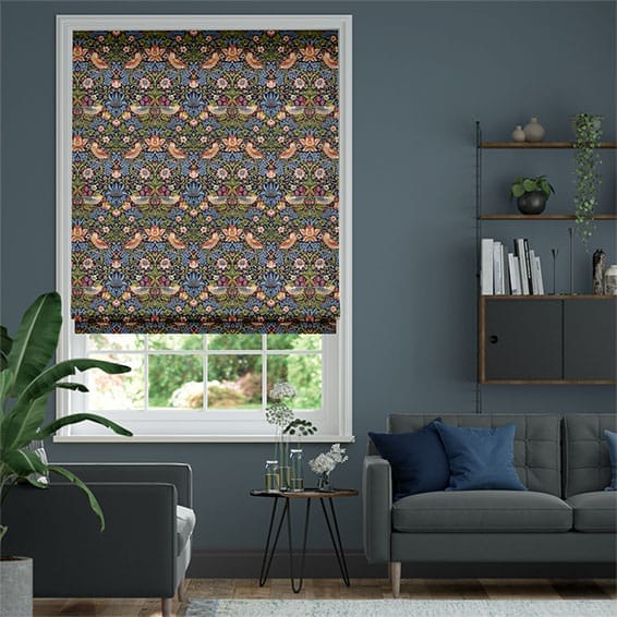 【カーテンレール可】ウィリアムモリス　いちご泥棒　ジュエル ローマンシェード