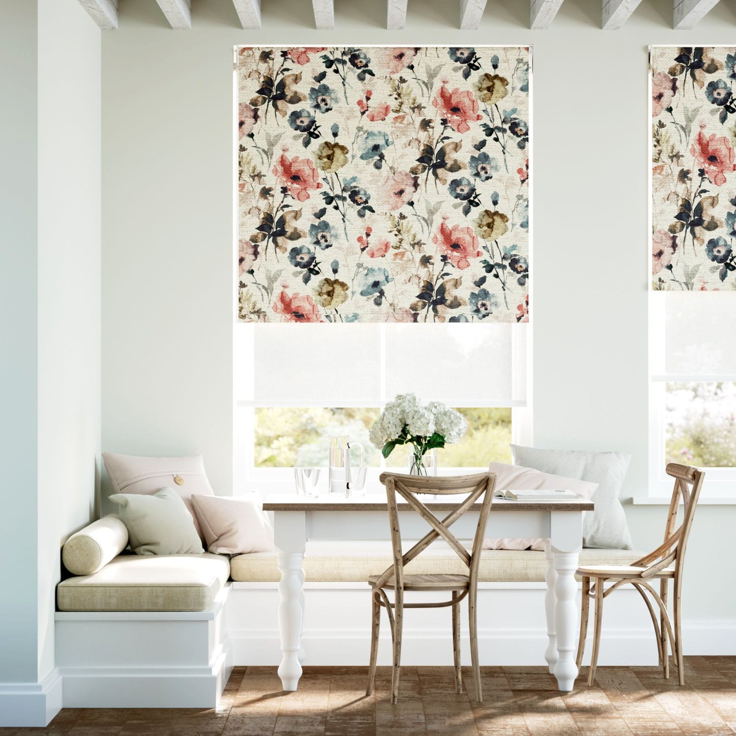 フィオリリネン 遮光ビンテージローズ ＆ホワイト ダブルロールスクリーン