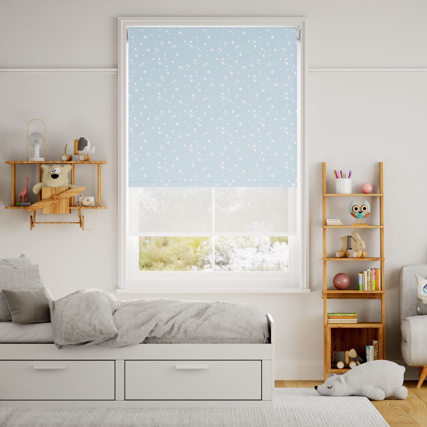 ツインクルスター 遮光ベビーブルー＆ホワイト ダブルロールスクリーン