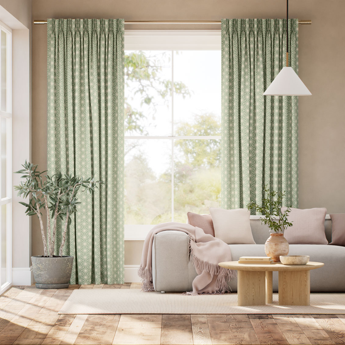 麻の葉 若草 カーテン