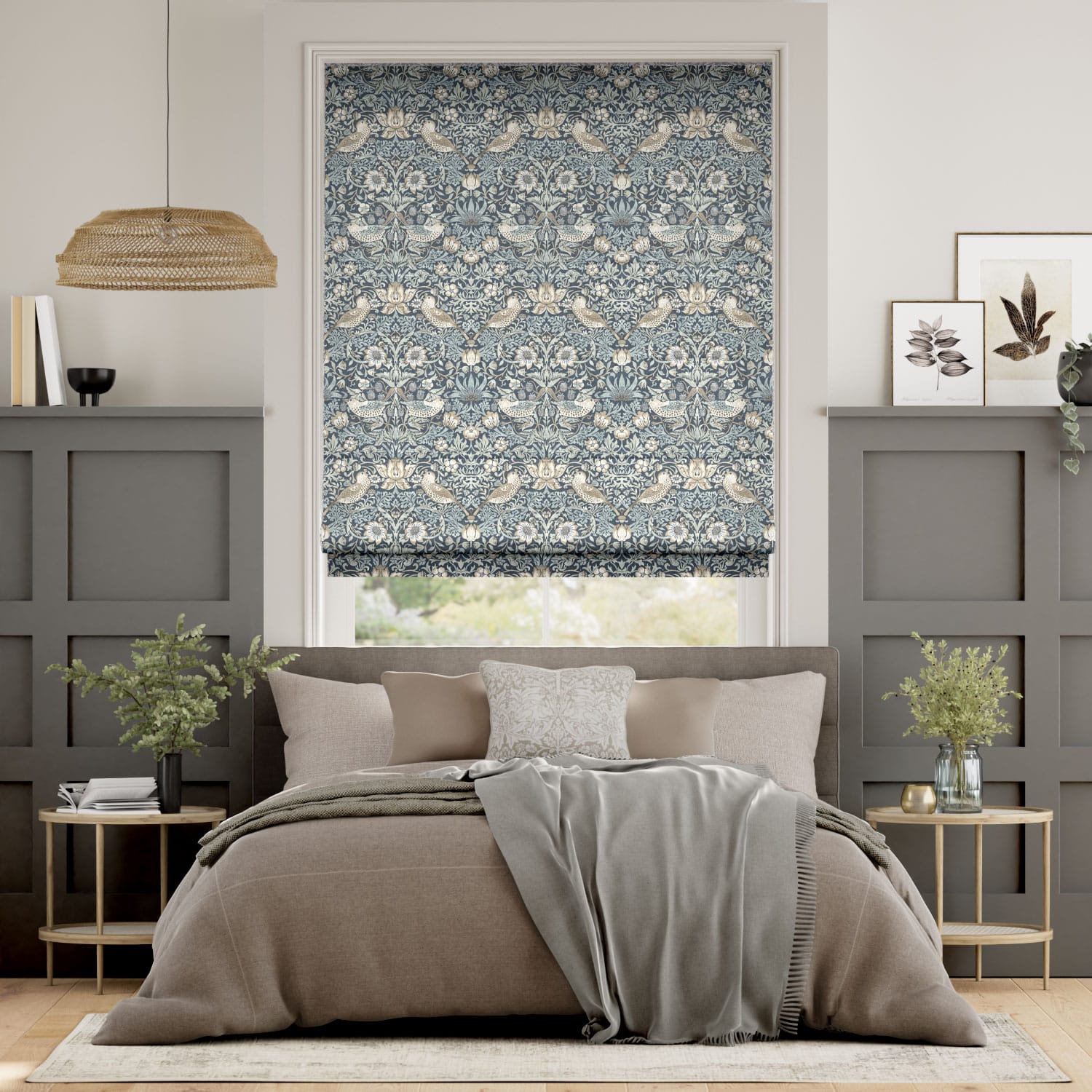 ウィリアムモリス　いちご泥棒　トワニーブルー ローマンシェード