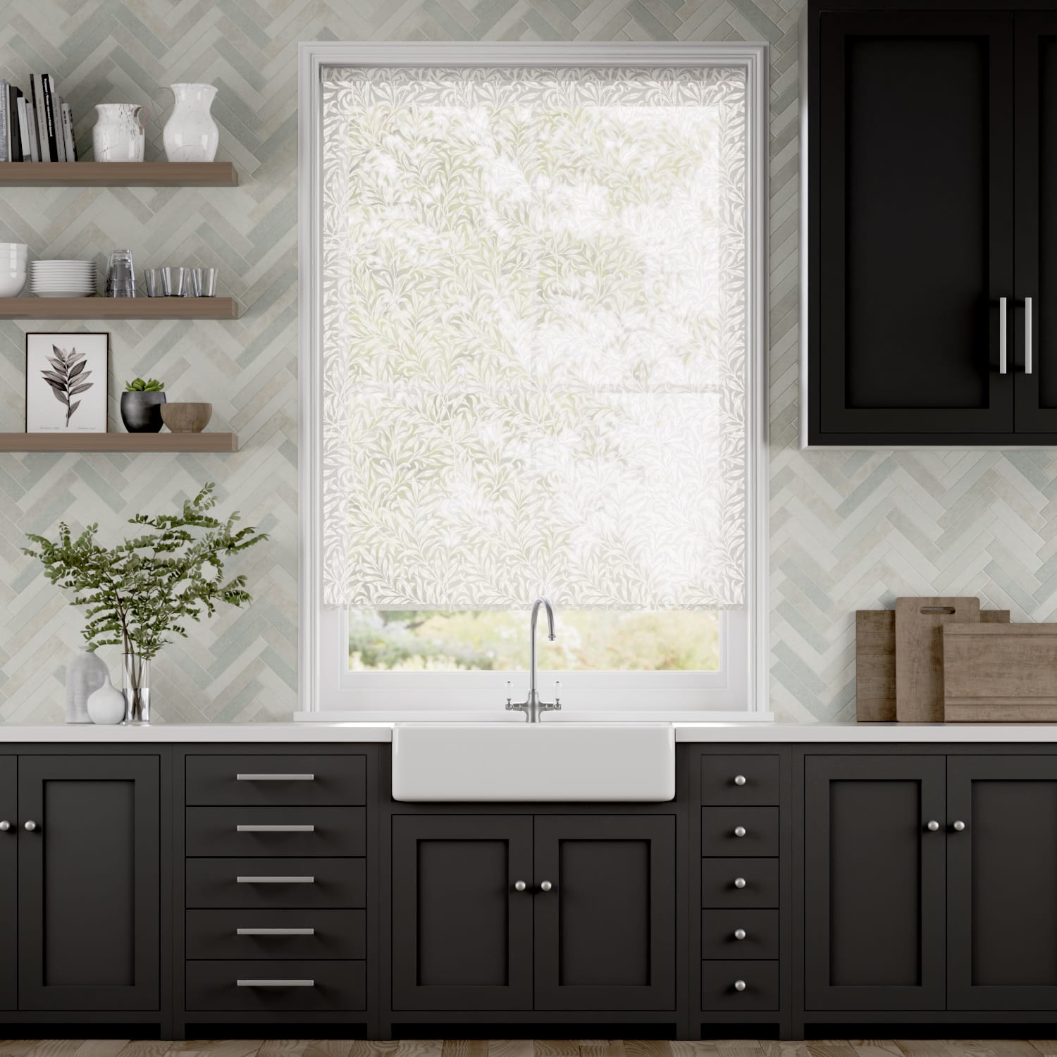 【つっぱり式 電動】ウィリアムモリス ウイローバウ リネン ボイル ロールスクリーン