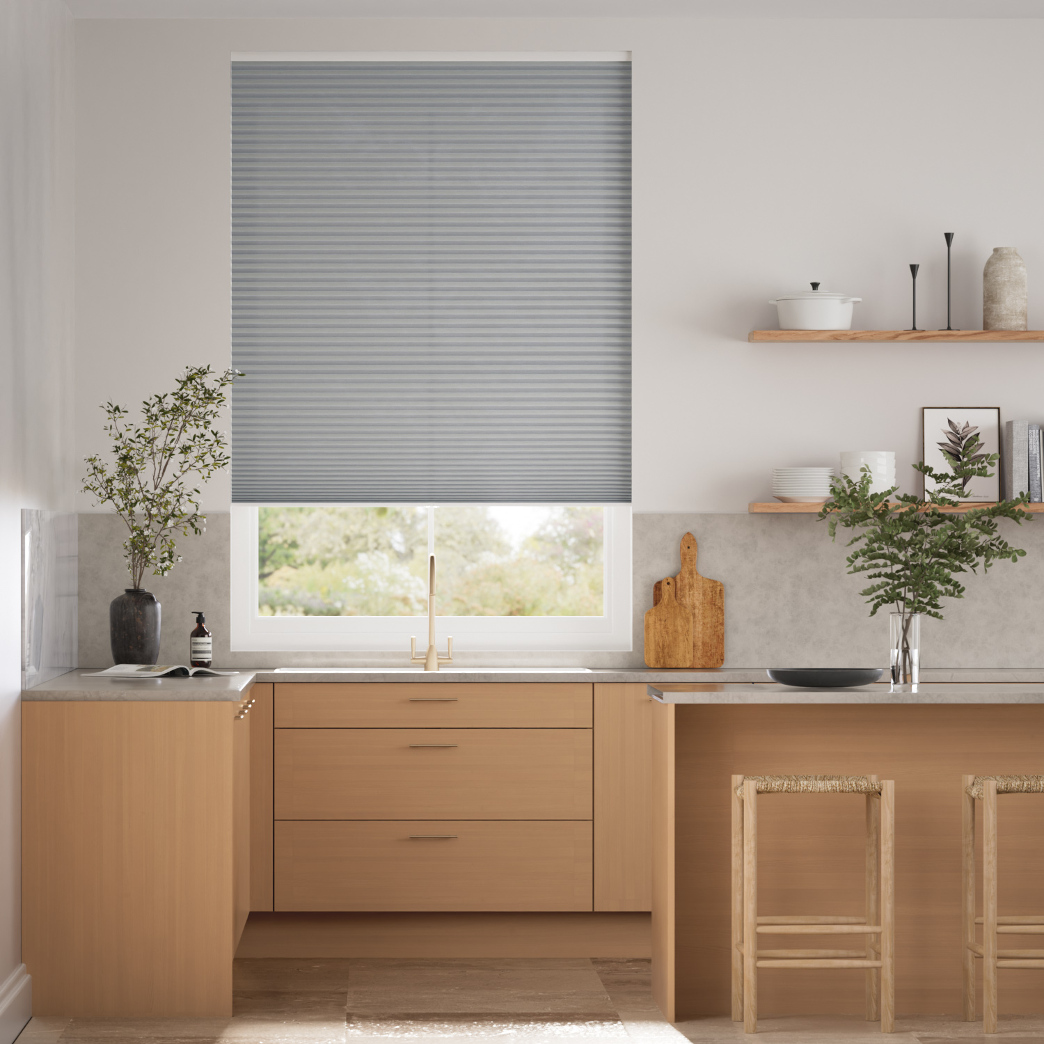 【窓貼りタイプ】採光 ニッケル・グレー コードレス ハニカム シェード