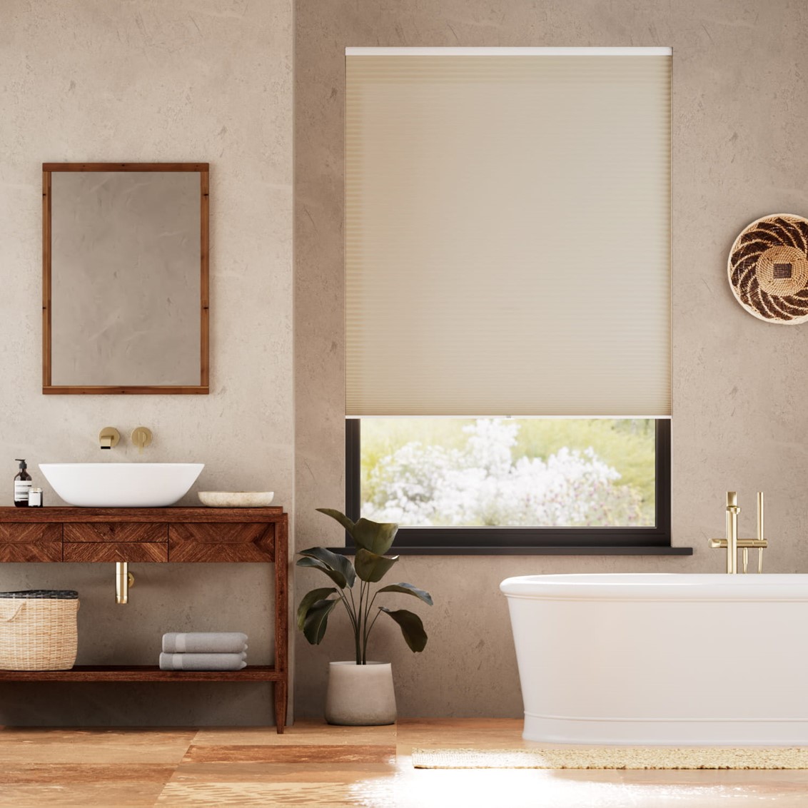 【窓貼りタイプ】遮光 ベージュ コードレス ハニカム シェード