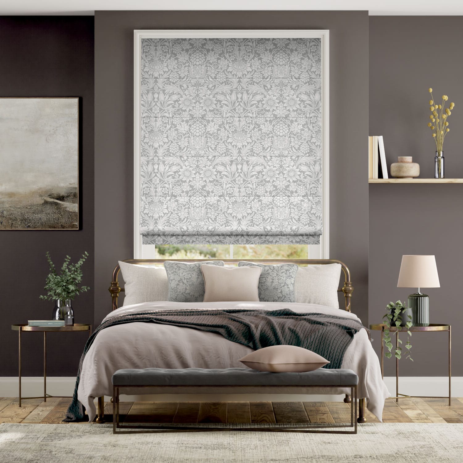 【つっぱり式】ウィリアムモリス　サンフラワー　シルバーグレー ローマンシェード