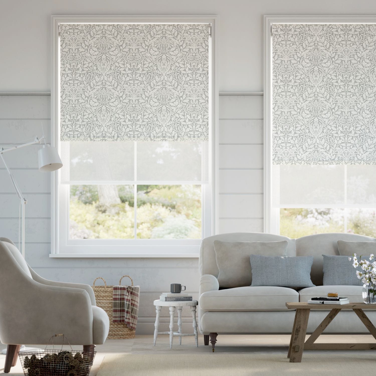 【つっぱり式】ウィリアムモリス 遮光エイコーン ダヴ＆ホワイト ダブルロールスクリーン