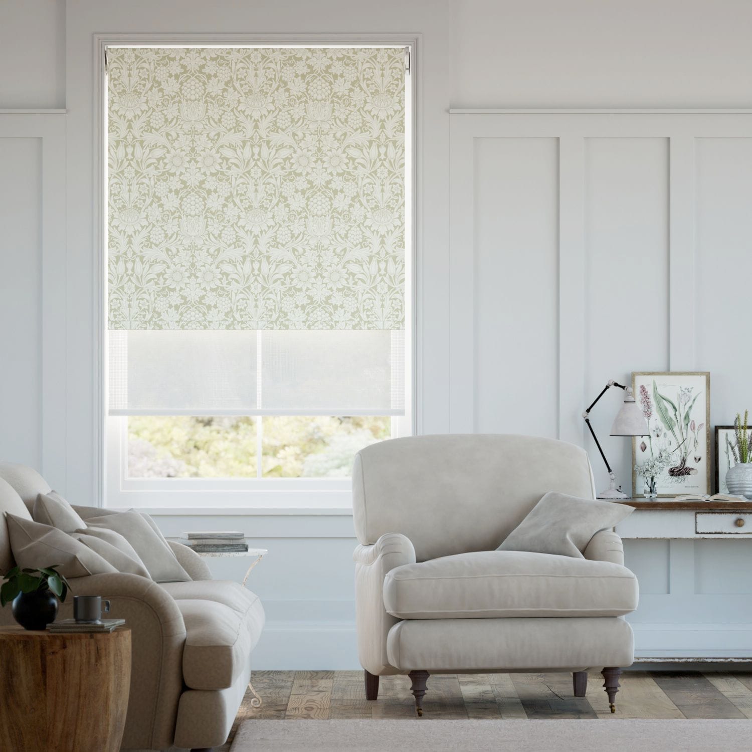 【つっぱり式】ウィリアムモリス 遮光サンフラワー リネン＆ホワイト ダブルロールスクリーン