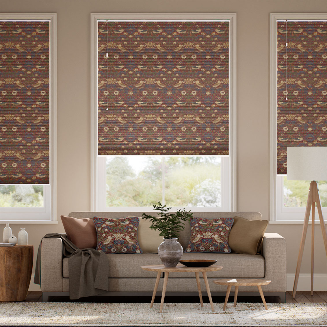 遮光ハニカム ウィリアムモリス いちご泥棒 ハリッサレッド シェード