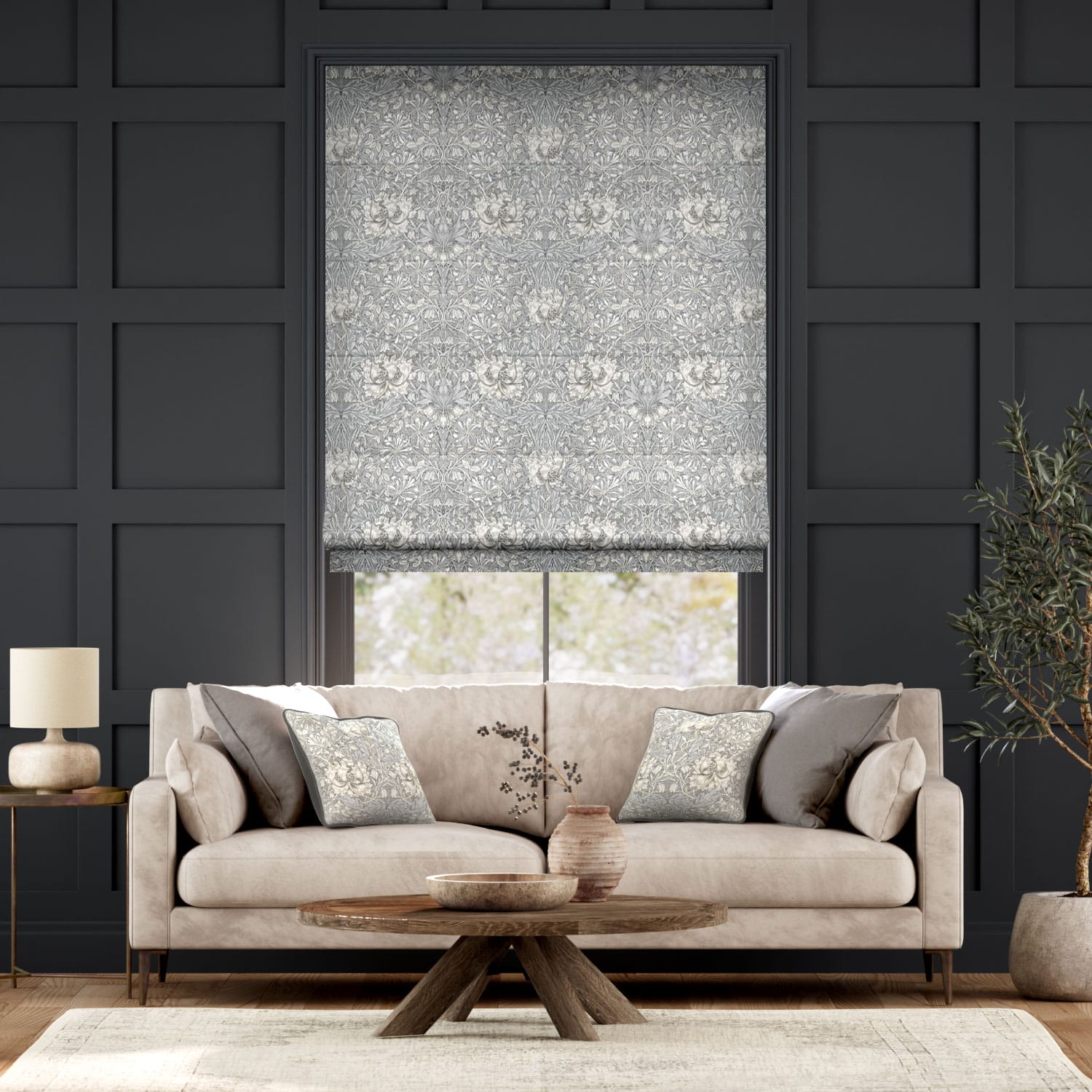 ウィリアムモリス　ハニーサクル&チューリップベルベット　ピューター ローマンシェード