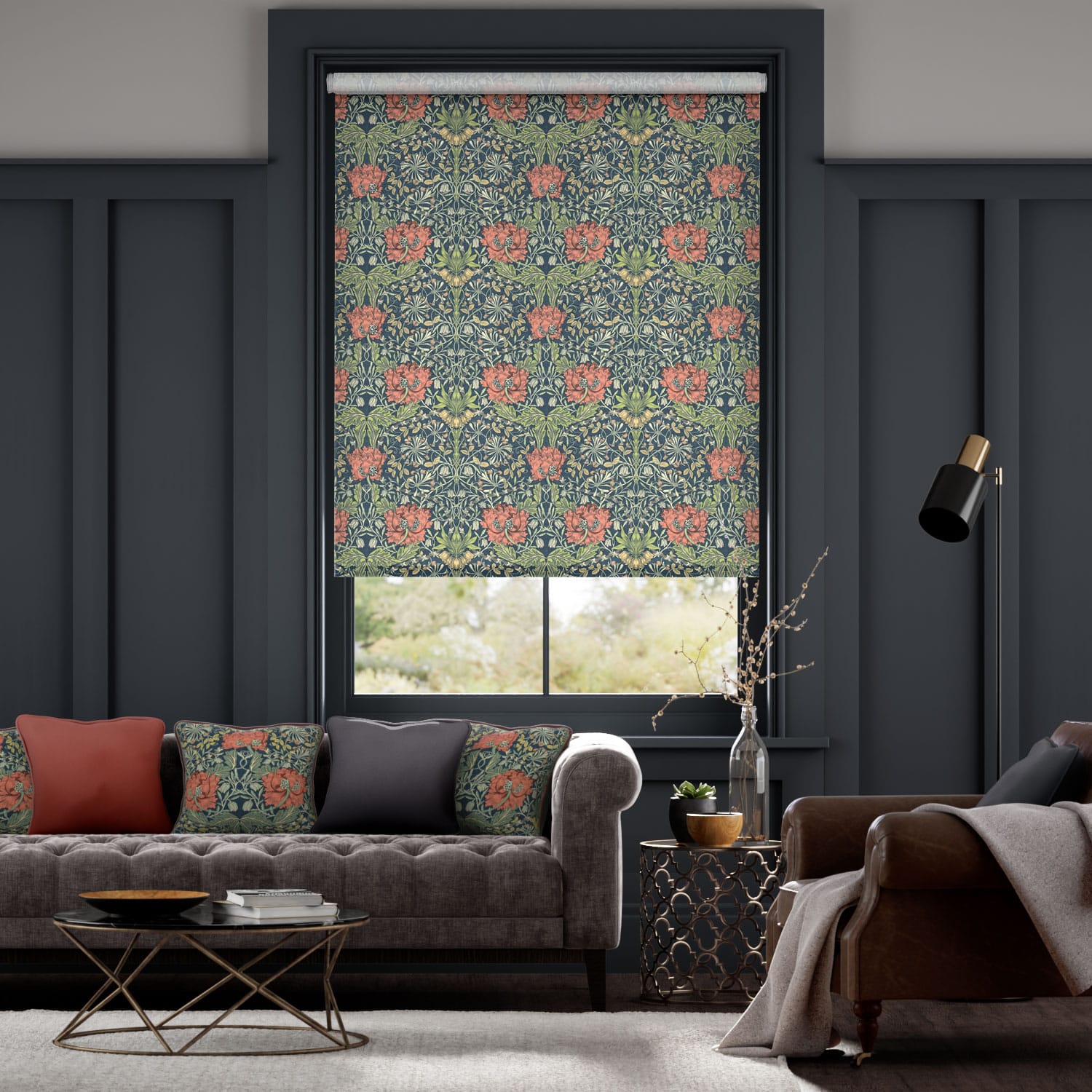 ウィリアムモリス　ハニーサクル&チューリップベルベット　バーミリオン ロールスクリーン