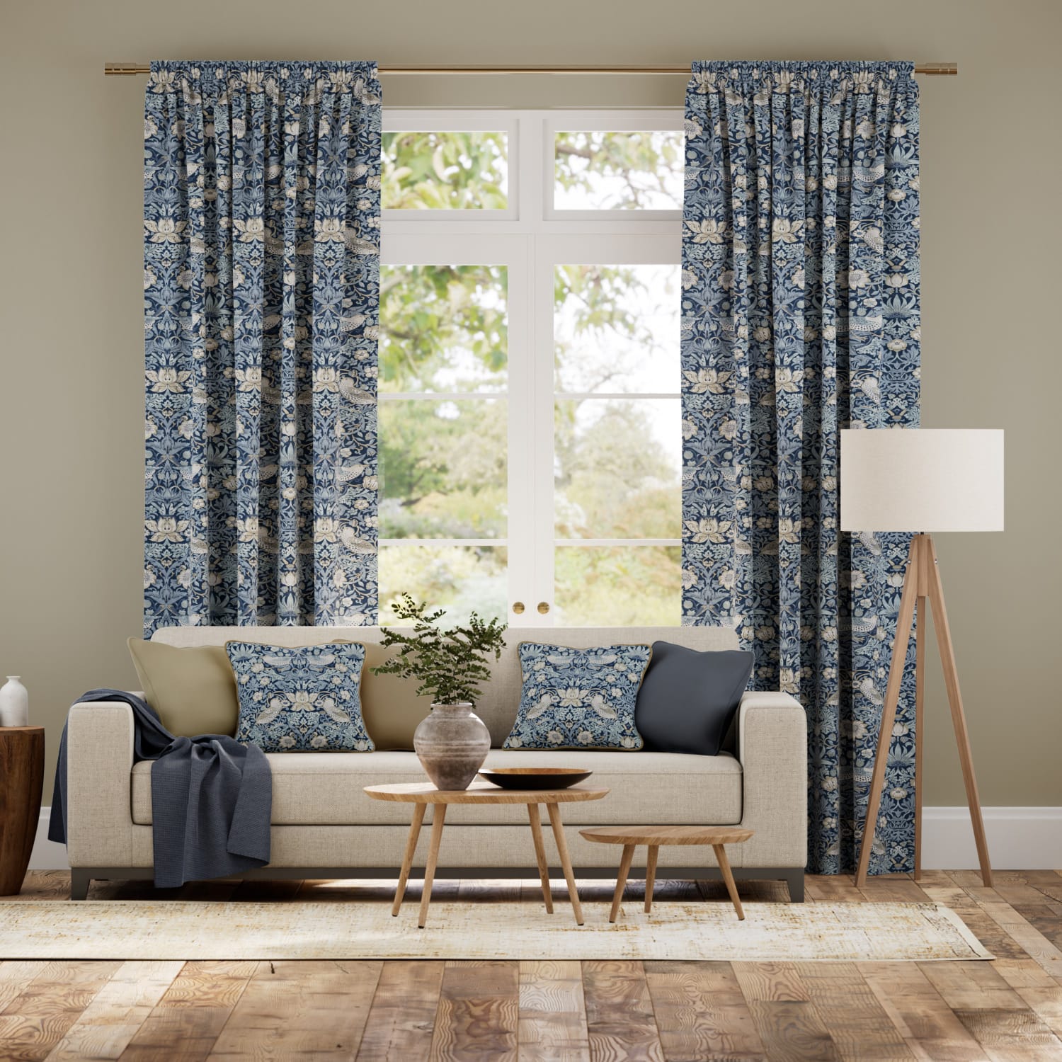 ウィリアムモリス　いちご泥棒　インディゴブルー カーテン