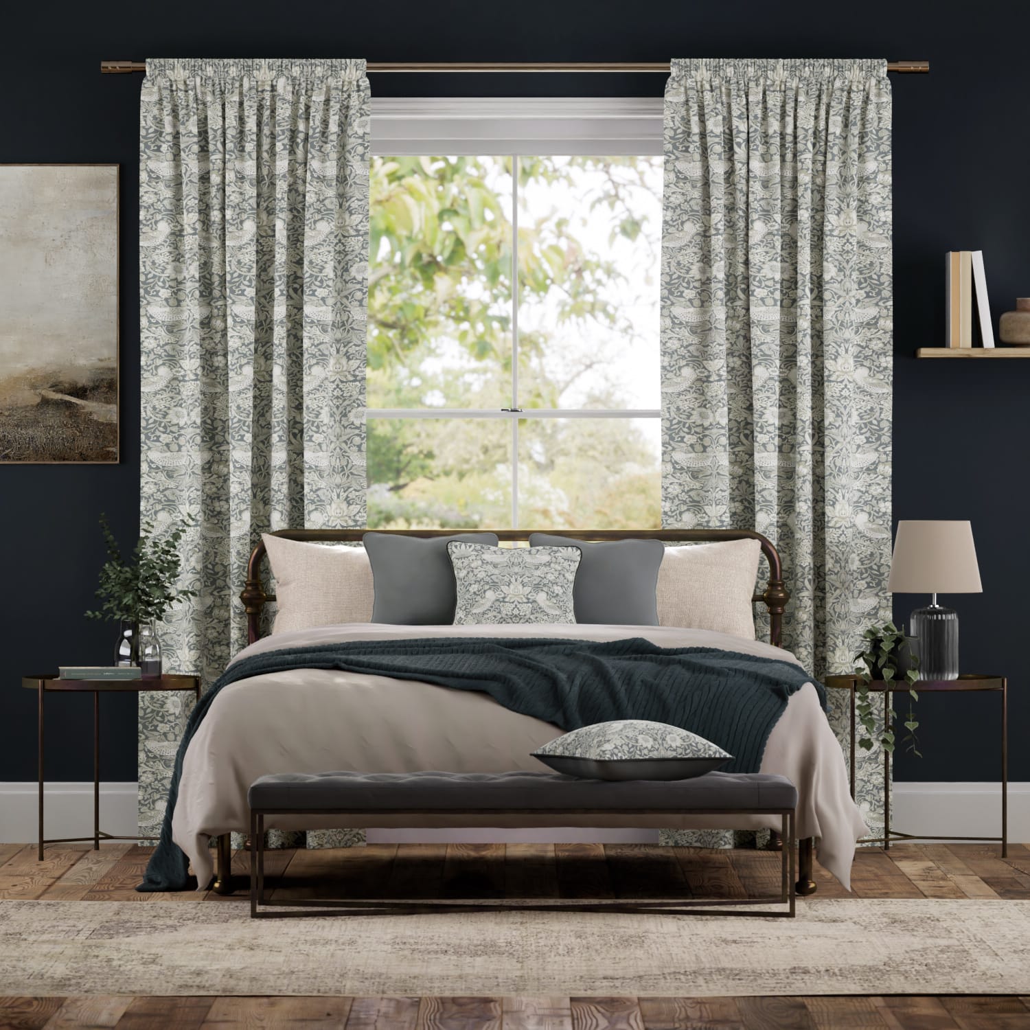 ウィリアムモリス　いちご泥棒　マナーグレー カーテン