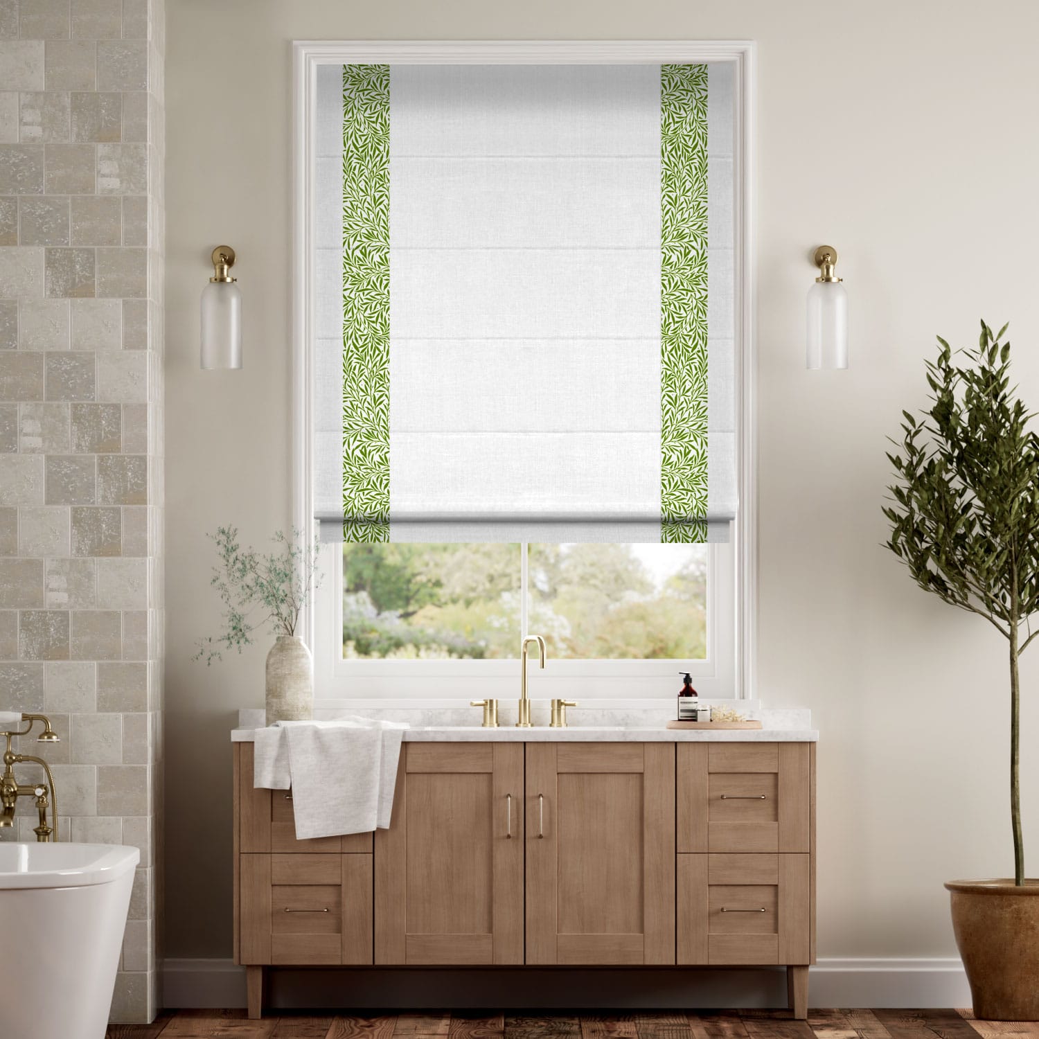 ウィリアムモリス ウイロー クローバー＆ビジュリネン ホワイト ボーダー ローマンシェード